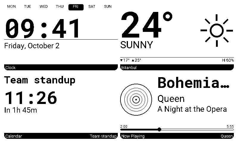 Tomi Frame showing a clock, weather, next calendar event and now playing track